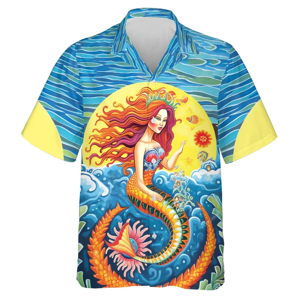 Angelic Mermaid Sunrise Hawaii Shirt For Everyone, Ocean Wave Casual Short Sleeve, Sunshine Patterned Summer Shirt, Sea Lover Gift