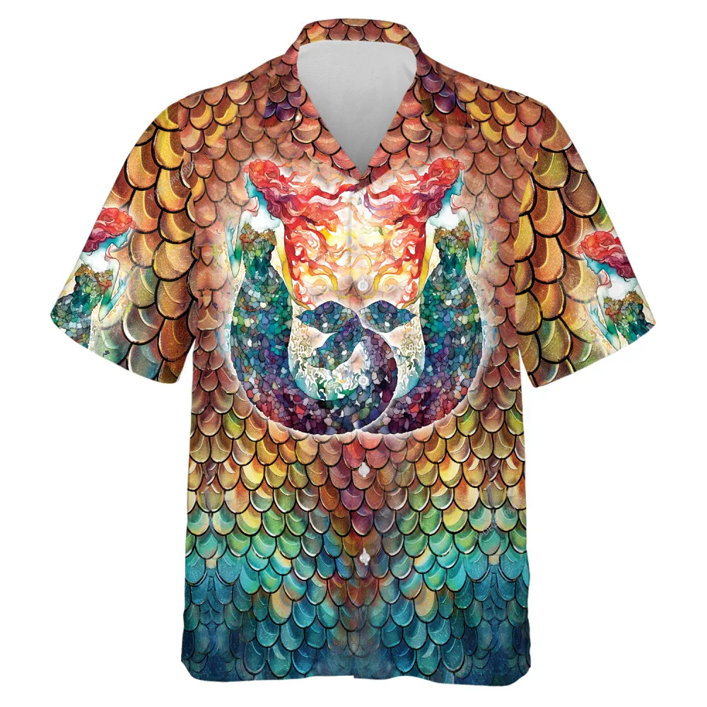Mosaic Mermaid Unisex Hawaiian Shirt, Fin Pattern Button Down Shirt, Aloha Shirt For Everyone, V-neck Mens Casual Wear, Family Clothing