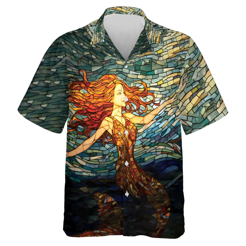 Awesome Gothic Mermaid Men Hawaiian Shirt, Ocean Art Aloha Short Sleeve, Vintage 80s Shirt, Glass Brick Patterned Clothing, Everyday Wear