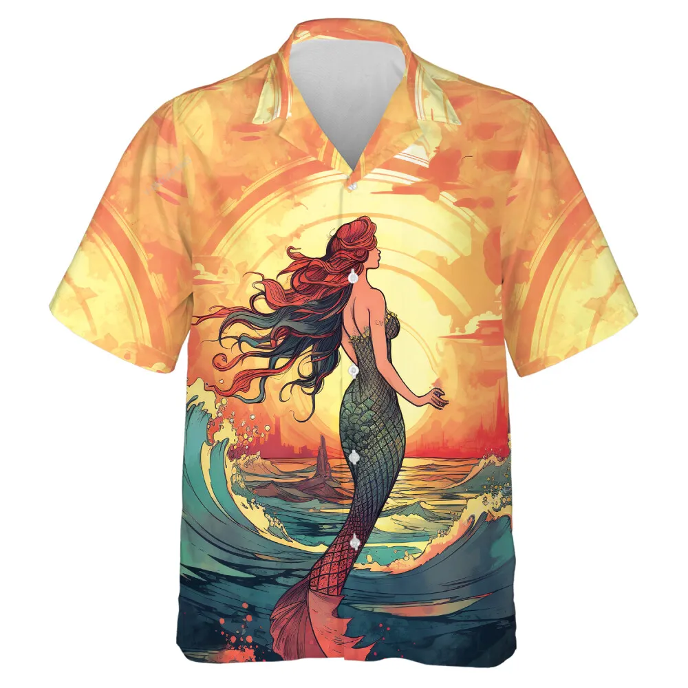 Oceanic Mermaid Unisex Aloha Shirt, Summer Sunshine Hawaiian Shirt, Sea Vacation Button-down Short Sleeve, Family Party Clothing