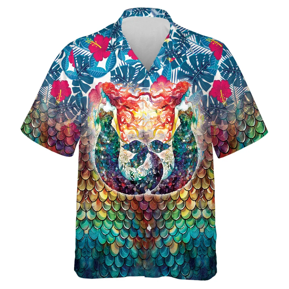 Double Vibrant Mermaid Unisex Hawaiian Shirt, Tropical Hologram Flowers Aloha Shirt, Casual Summer Shirt, Everyday Wear, Couple Travel Clothing
