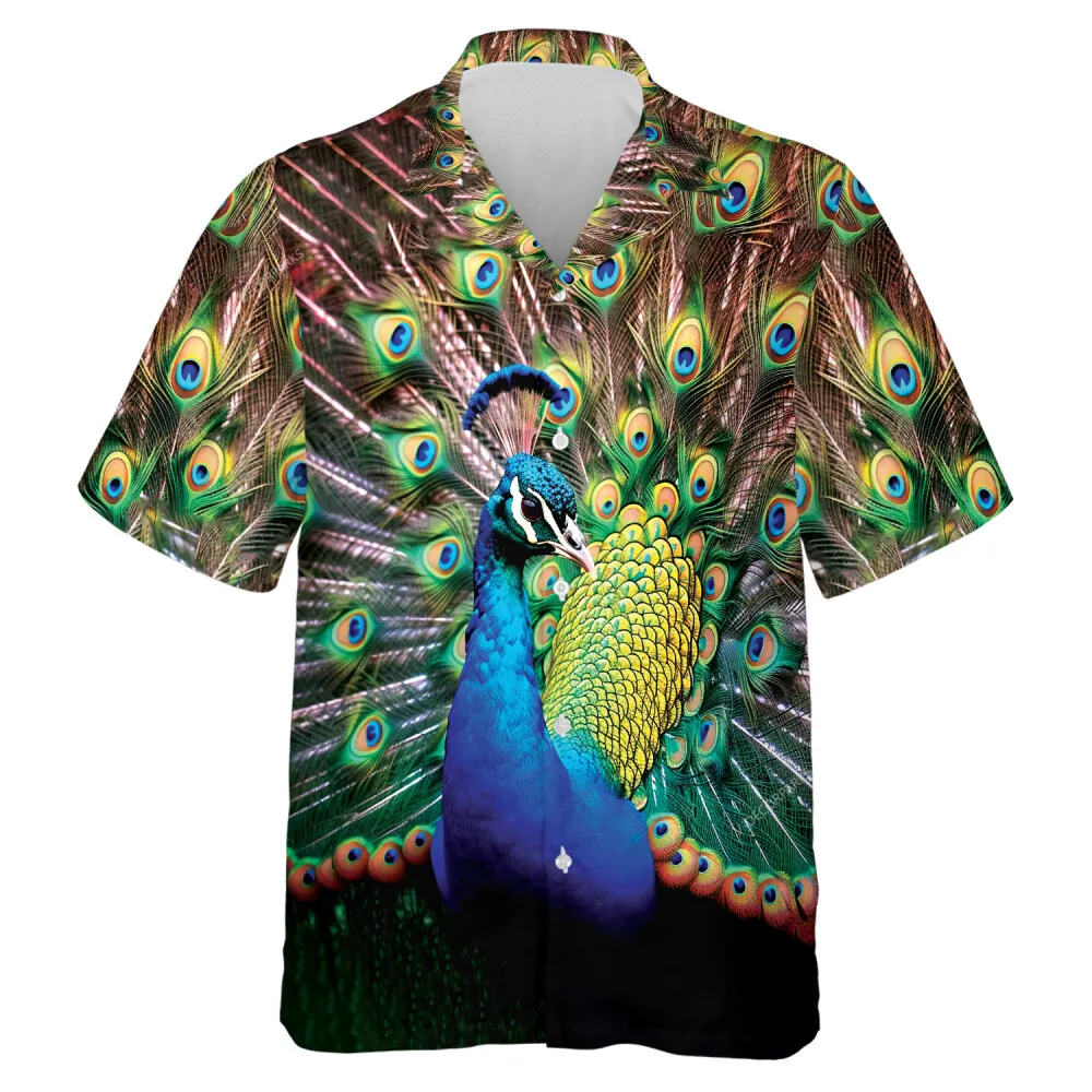 Pretty Peacock Men Hawaiian Shirt, Colorful Animal Patterned Short Sleeves, Feather Printed Casual Shirt, Peacock Lover Gift
