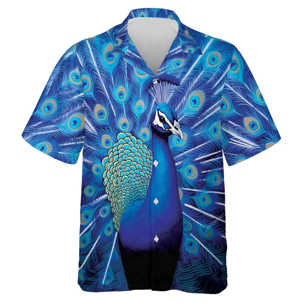 Blue Feather Peacock Unisex Hawaii Shirt, Button Vintage Aloha Shirt, Summer Vacation Casual Shirt, Bird Lover Button-down Short Sleeves