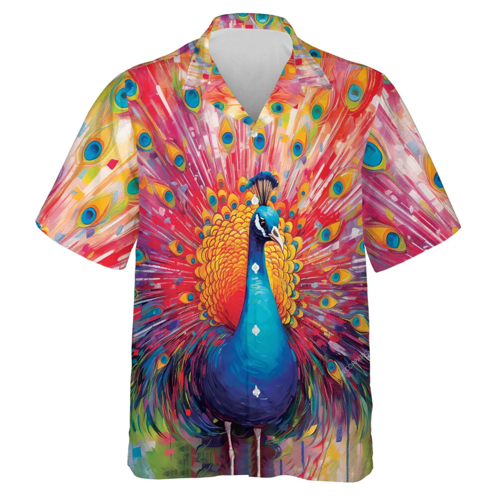 Vibrant Peacock Unisex Hawaiian Shirt, Beautiful Bird Feather Patterned Casual Shirt, Animal Lover Button-down Short Sleeve