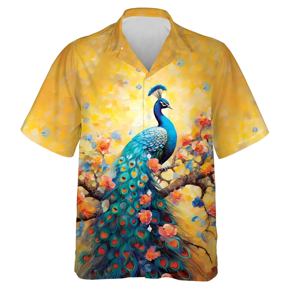 Peacock Sitting On Flower Tree Hawaiian Shirt, Nature Lover Casual Button Down Short Sleeve, Floral Printed Shirt, Everyday Clothing