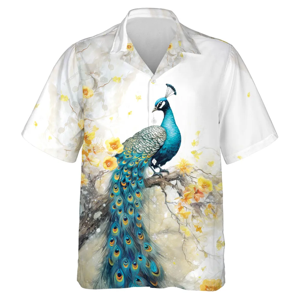 Peacock Perching On Flower Tree Hawaiian Shirt, Nature Lover Casual Button Down Short Sleeve, Floral Printed Shirt, Everyday Clothing