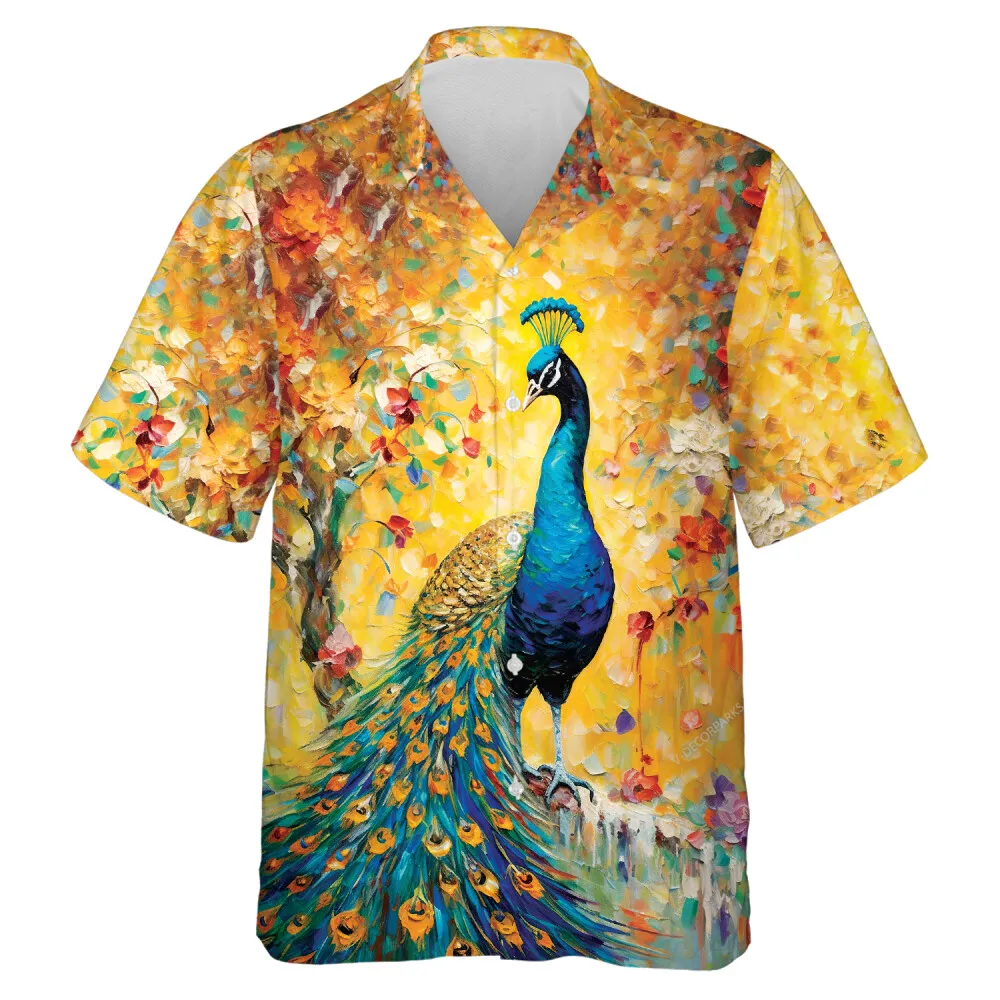 Perching Peacock Unisex Hawaiian Shirt, Tropical Forest Patterned Aloha Button-down Shirt, Colorful Garden Bird Printed Shirt