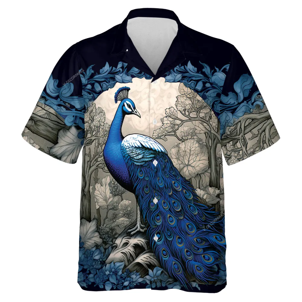 Beautiful Peacock Mens Hawaiian Shirt, Blue Peacock Aloha Shirt, Monogram Casual Button-down Short Sleeve, Aesthetic Vintage Clothing