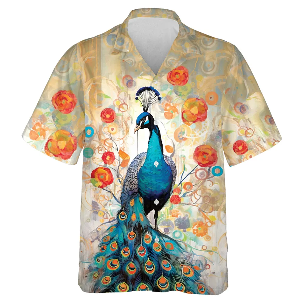 Beautiful Flower And Peacock Unisex Hawaiian Shirt, Watercolor Painting Pattern Casual Clothing, Bird Lover Button Down Short Sleeve.