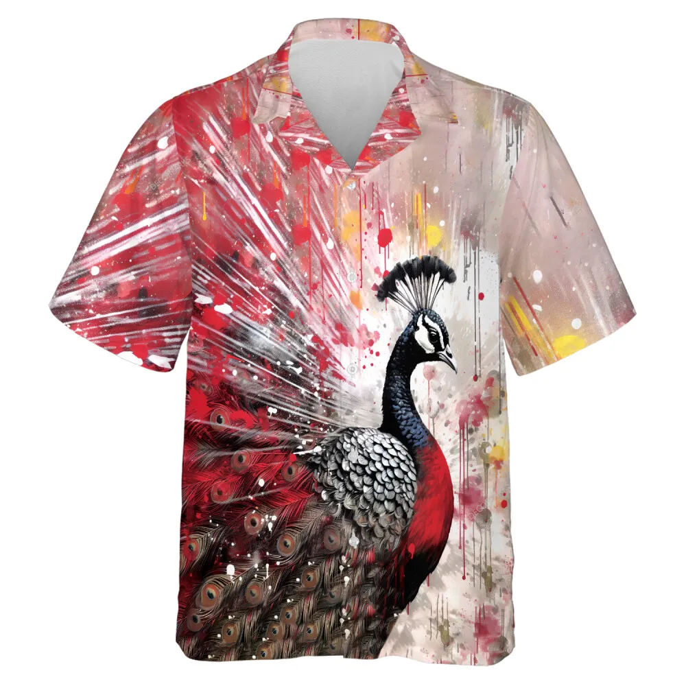 Watercolor Peacock Aesthetic Hawaiian Shirt, Feather Pattern Casual Short Sleeve, Summer Beach Aloha Button-down Shirt, Unisex Clothing
