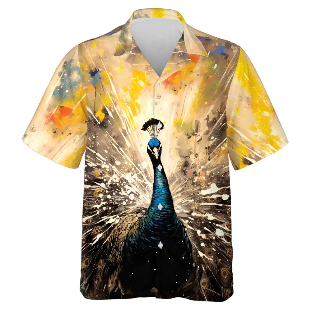 Peacock Painting In Watercolor Unisex Hawaiian Shirt, Peacock Artistic Designed Shirt, Summer Vacation Casual Button Down Short Sleeves