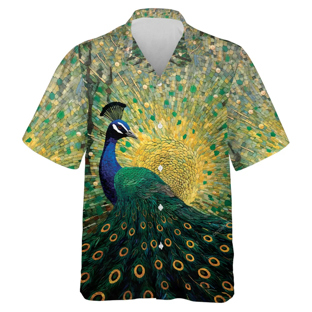 Classy Peacock Unisex Hawaiian Shirt, Mosaic Animals Printed Casual Shirt, Nature Art Aloha Button Down Short Sleeves, Summer Relaxed Wear