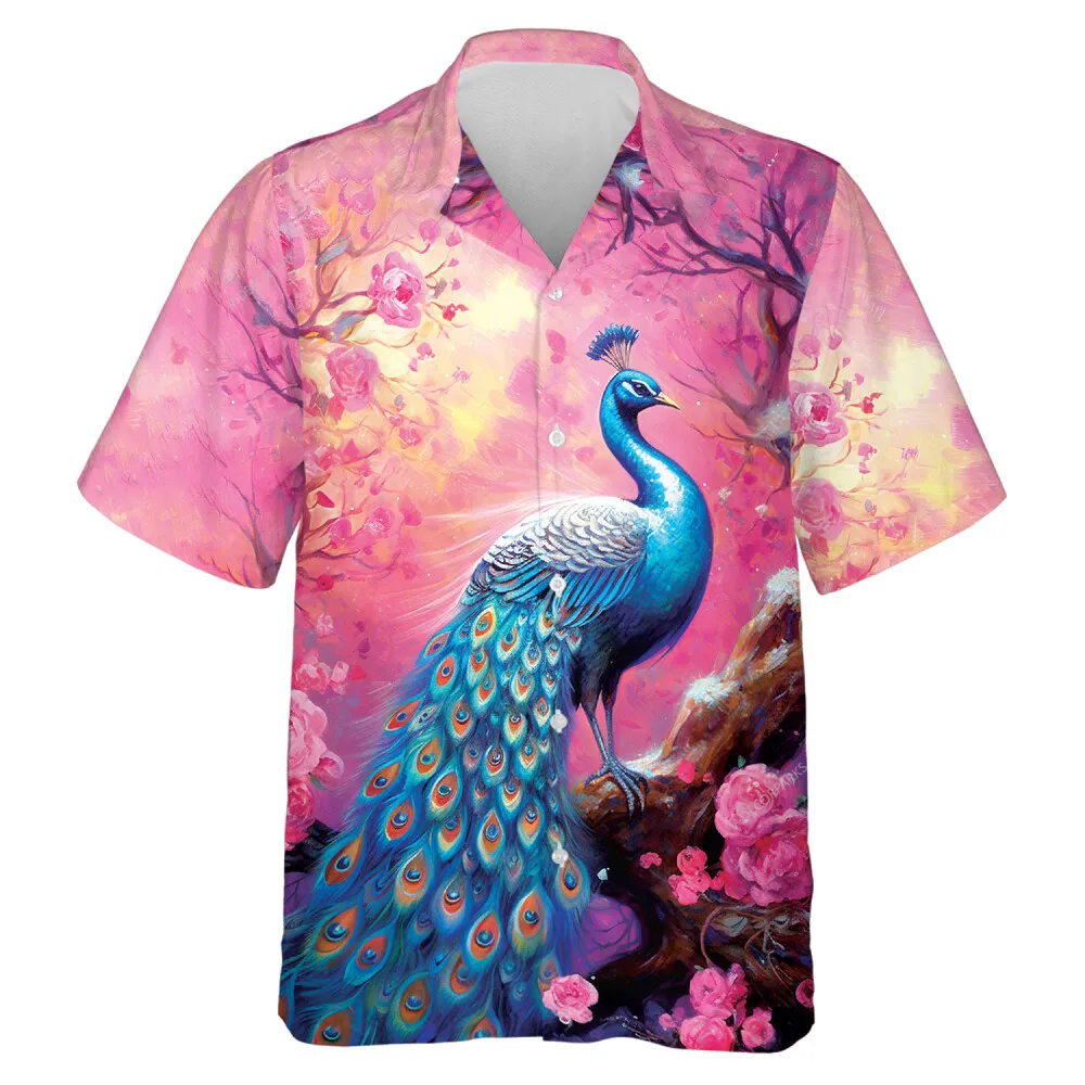 Peacock Spring Blossom Unisex Hawaiian Shirt, Pink Flower Forest Printed Casual Button Down Short Sleeves, Family Vacation Shirt