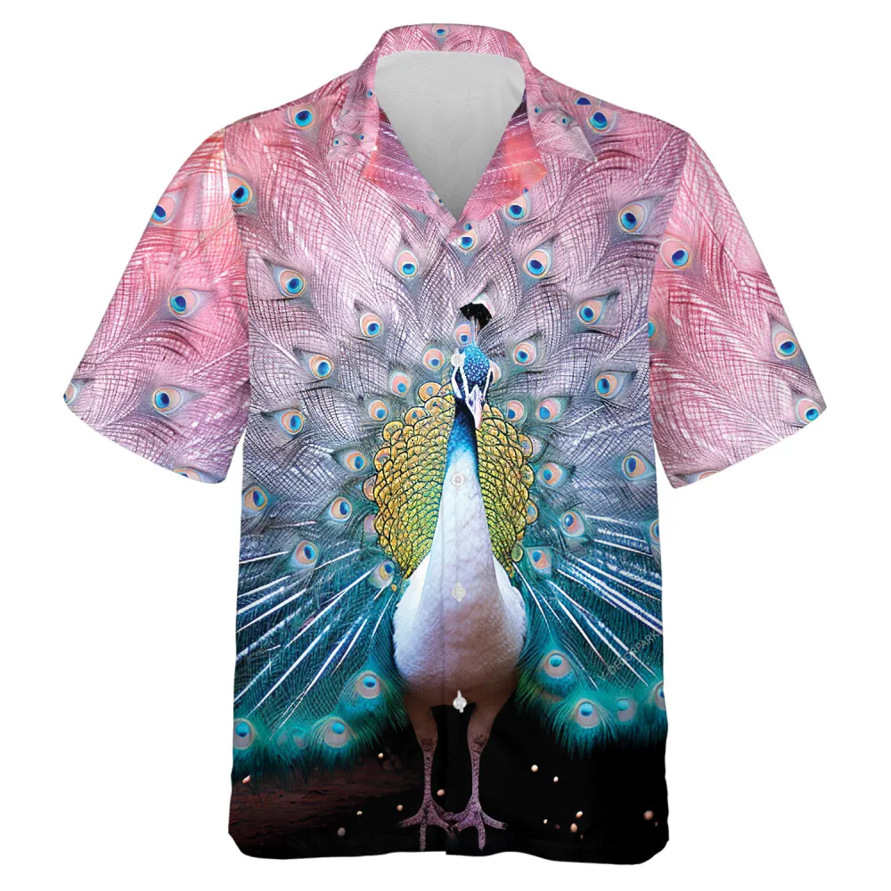 Rare White Peacock Unisex Hawaiian Shirt, Vibrant Bird Feather Pattern Casual Clothing, Animals Printed Button Down Short Sleeves