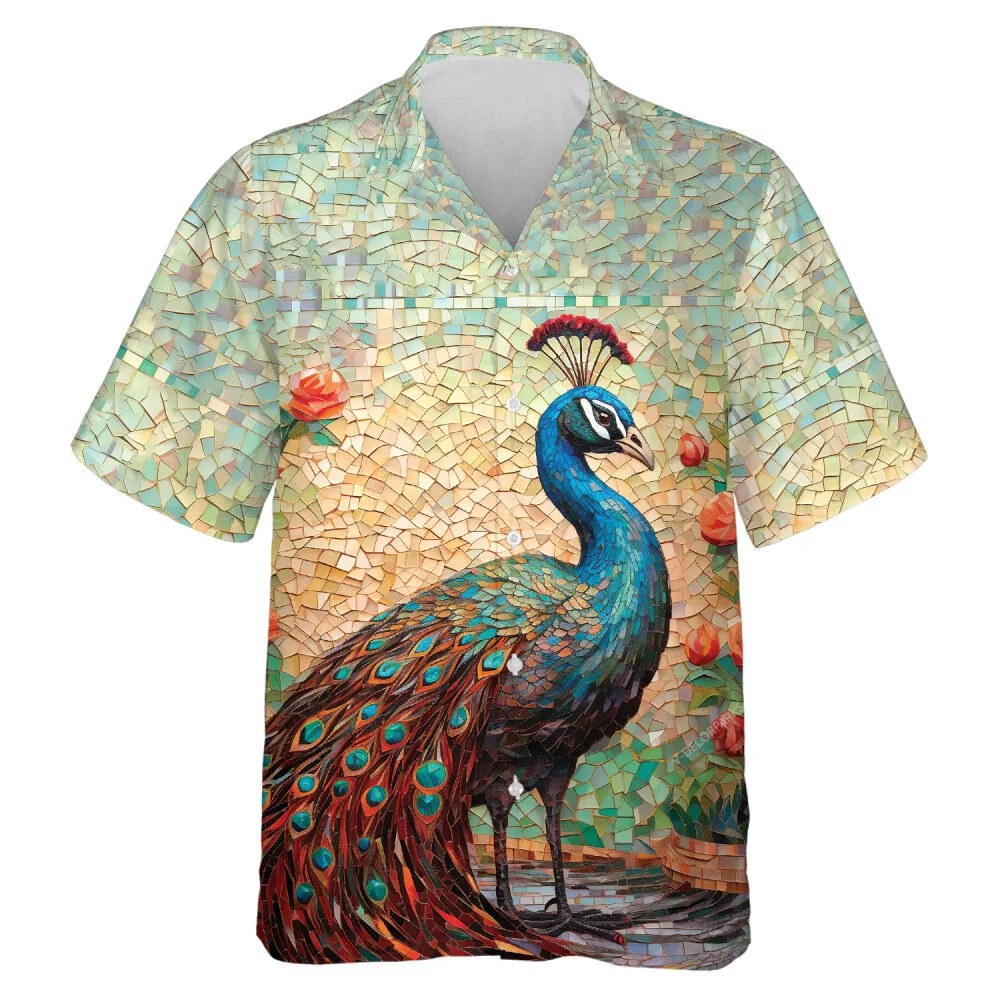 Aesthetic Ceramic Peacock Unisex Hawaiian Shirt, Pretty Bird Decoration On Aloha Button Down Shirt, Family Group Travel Clothing, Casual Wear