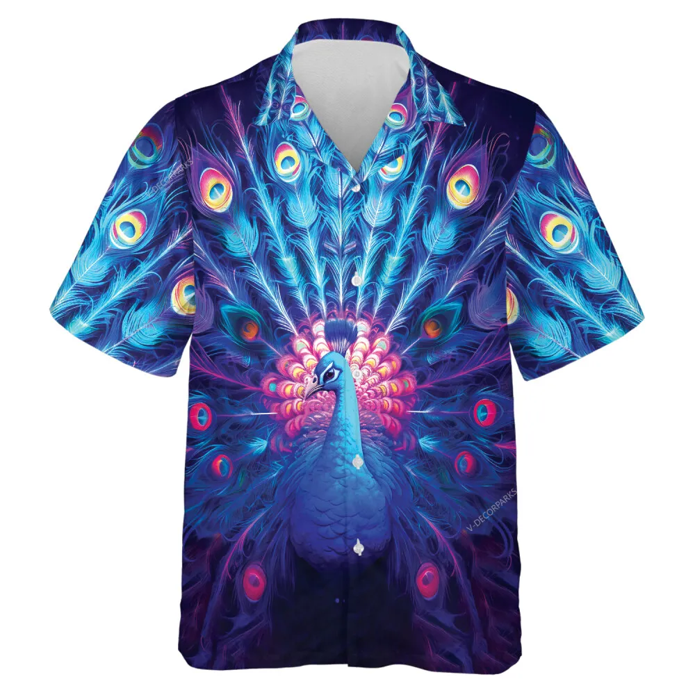 Neon Blue And Pink Peacock Mens Hawaii Shirt, Birds Tail Feather Patterned Casual Shirt, Aloha Button Down Short Sleeve, Beach Travel Clothing