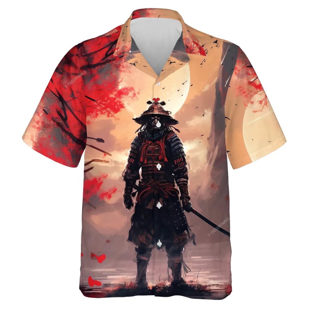 Samurai Warrior Hawaiian Shirt For Men Women, Peace Lover Aloha Beach Shirts, Magical Red Forest Patterned Unisex Button Down Shirt