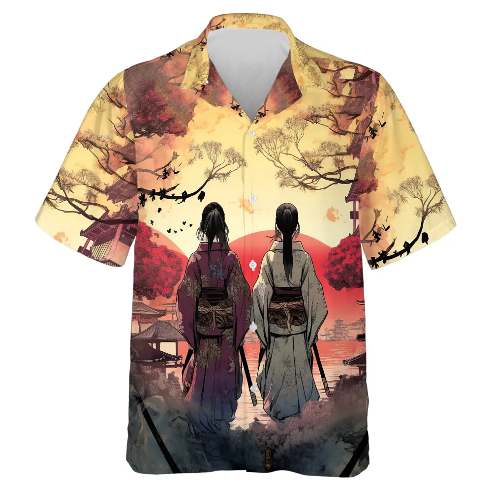 Turned Back Geisha Unisex Hawaiian Shirt, Japanese Traditional Clothing Casual Shirt, Sunset Forest Button Down Short Sleeve
