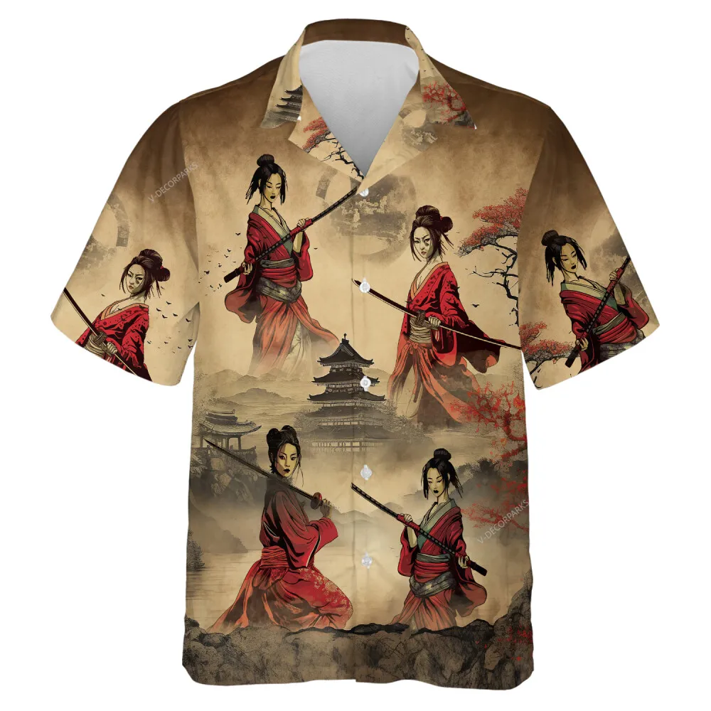 Samurai Girls Power Men Hawaiian Shirt, Summer Floral Temple Button Down Short Sleeve Aloha Casual Shirt, Sword Lover Printed Top