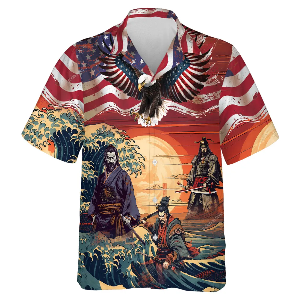 Triple Samurai Vs American Eagle Mens Hawaiian Shirt, Independence Day Casual Clothing, Aloha Button-down Short Sleeves, Japan Lover Design