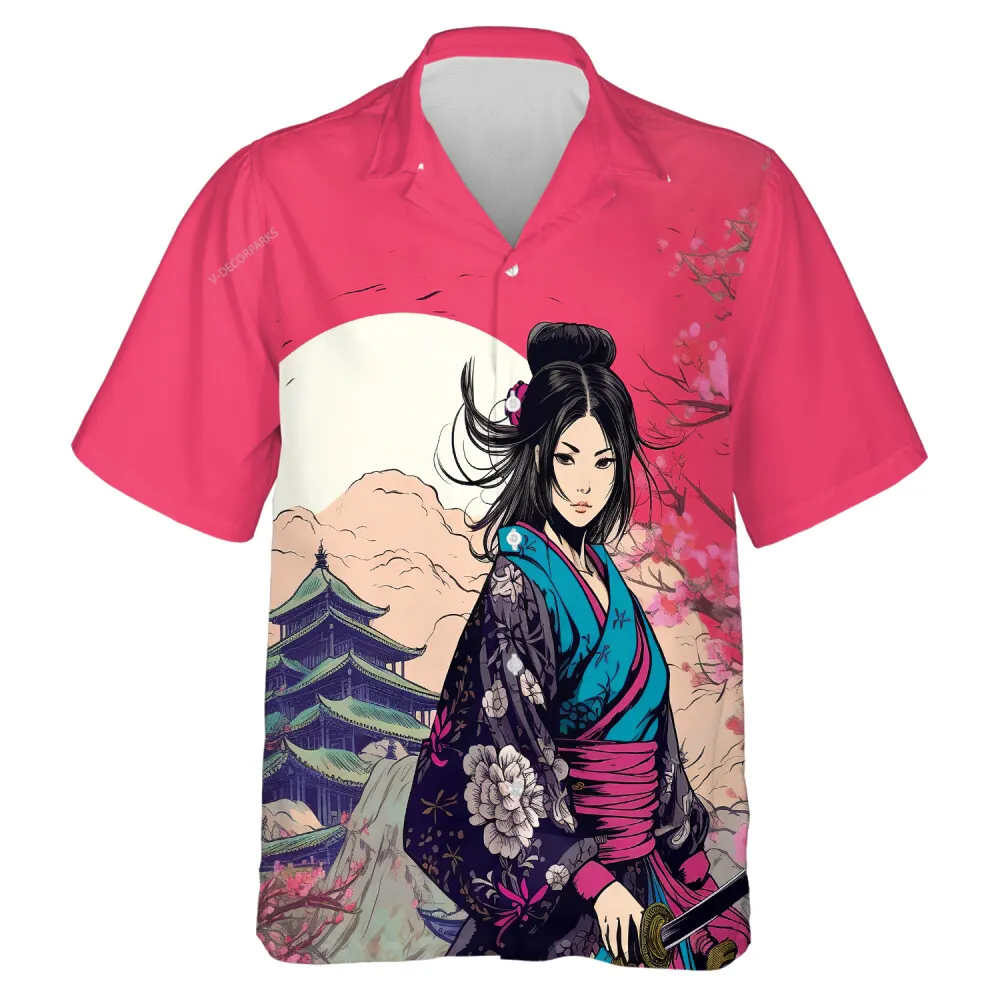 Beautiful Geisha Samurai Unisex Hawaiian Shirt, Japan Sping Blossom Casual Clothing, Summer Aloha Button Down Short Sleeves, Family Party Wear