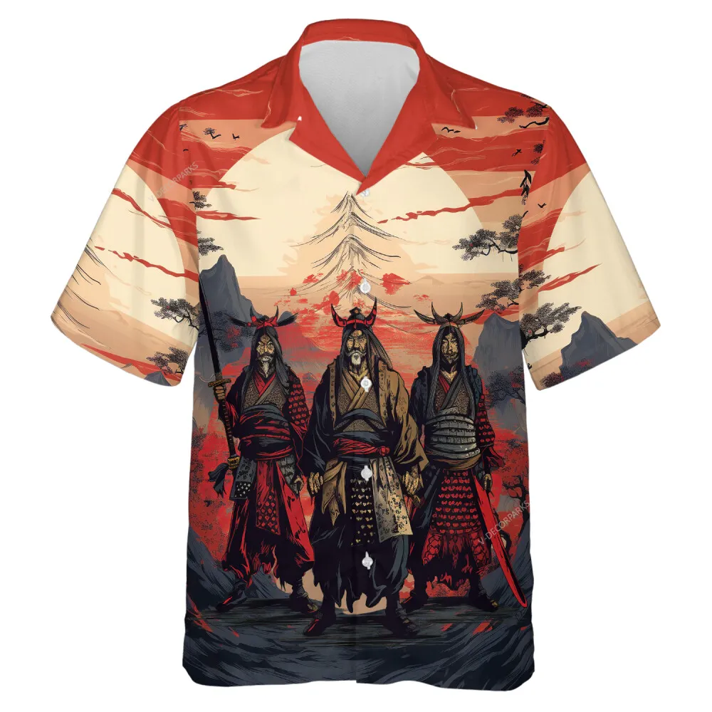 Elder Samurai Warriors Men Hawaiian Shirt, Japan Sunset Mountain Casual Wear, Japan Swordsmen Hawaii Button-down Short Sleeves