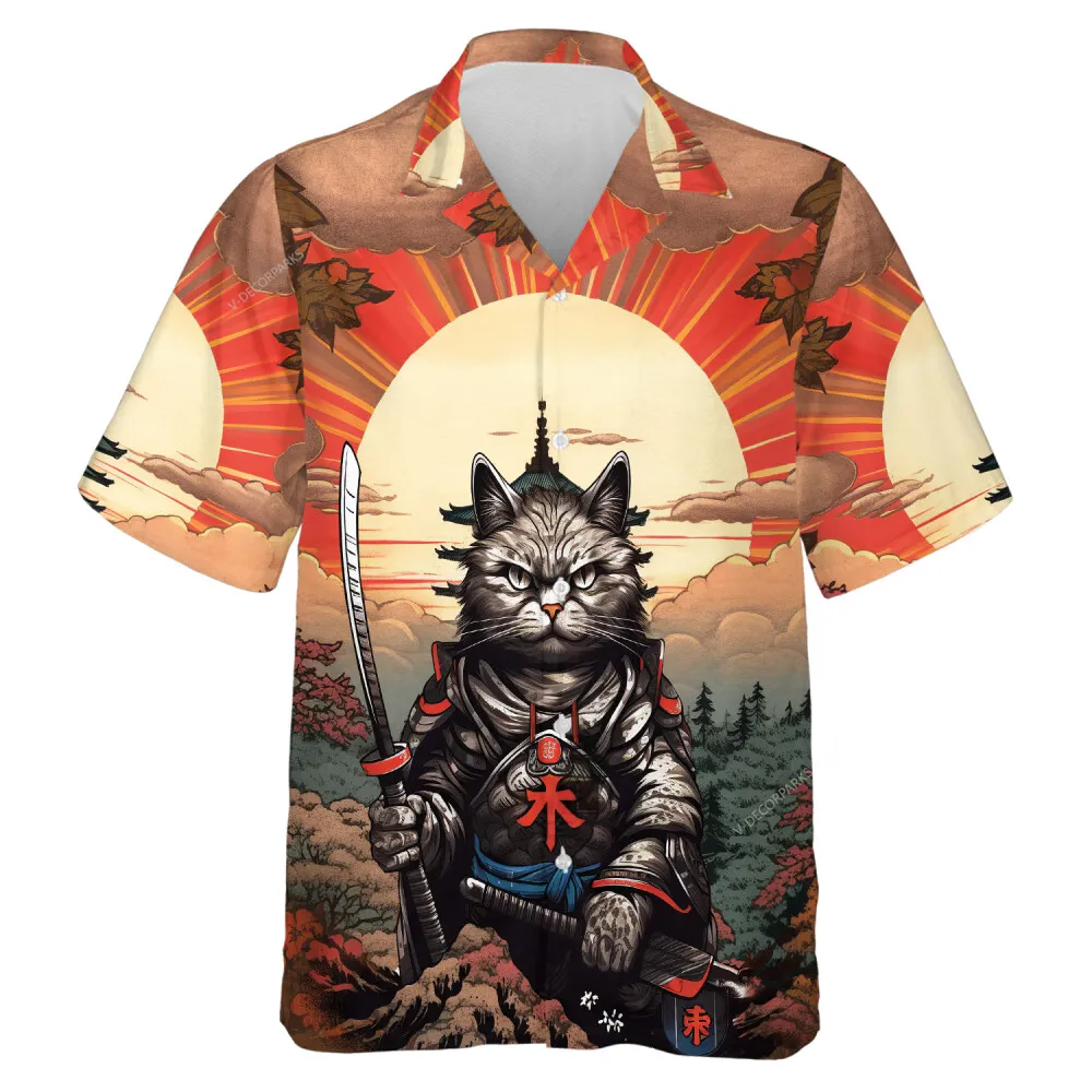 Armored Samurai Cat Mens Hawaiian Shirt, Japanese Painting Printed Casual Clothing, Summer Beach Aloha Button-down Short Sleeves