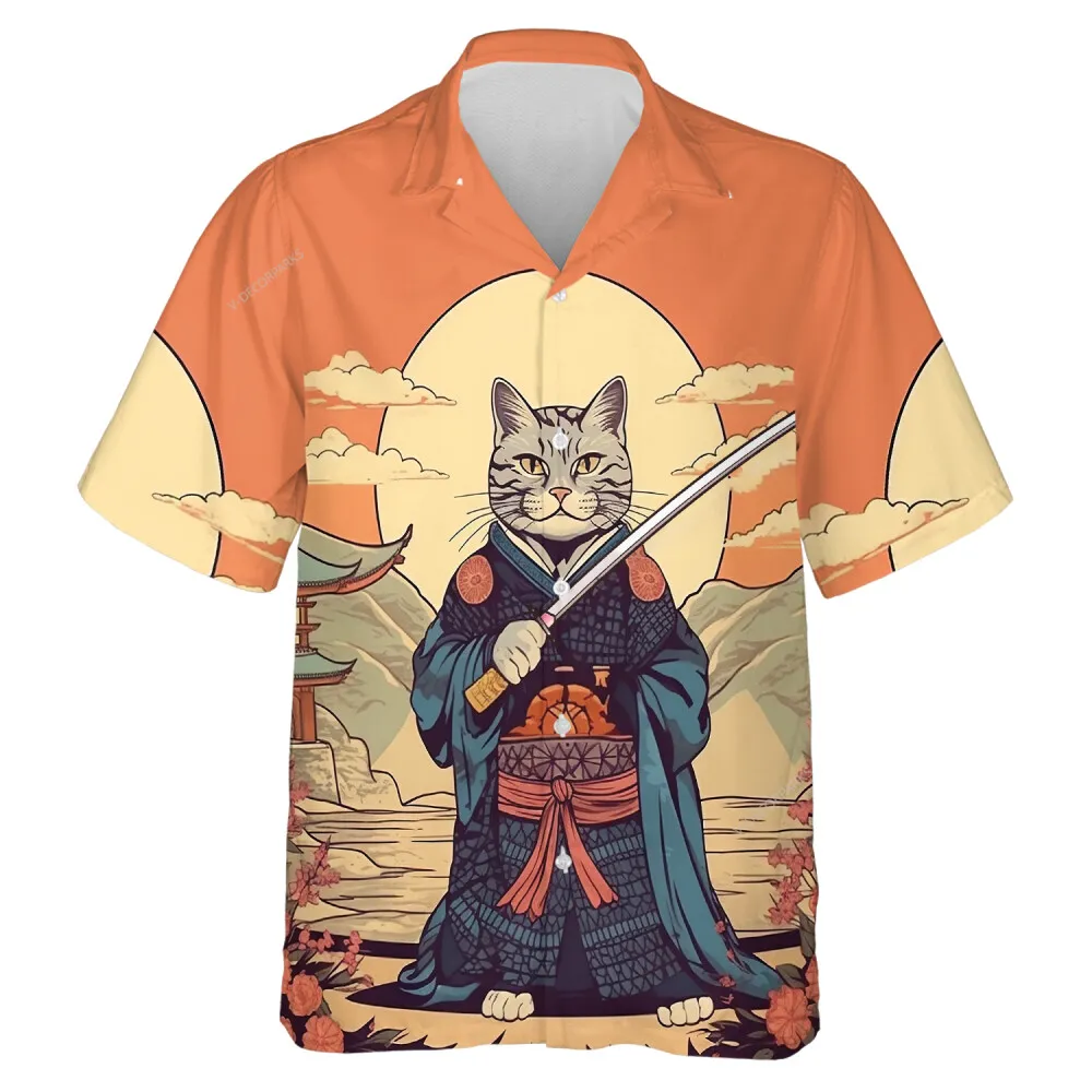 Adorable Samurai Cat Men Hawaiian Shirt, Cat Lover Aloha Button-down Short Sleeves, Summer Holiday Trip Family Shirt, Everyday Relaxed Mens Wear