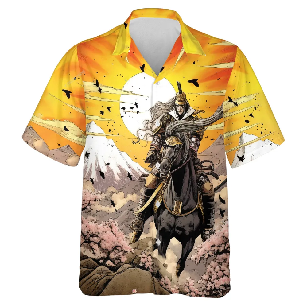 Samurai Horse Rider Unisex Hawaiian Shirt, Aesthetic Sunset Mountain Aloha Button Down Short Sleeves, Best Shirt For Summer Group Trip