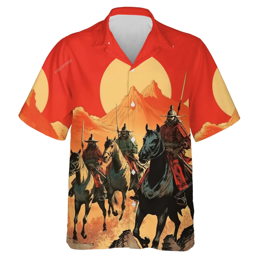 Samurai Riding Horse Unisex Hawaiian Shirt, Warrior In Red Sunlight Aloha Button-down Shirt, Summer V-neck Short Sleeves, War Is Over Gift