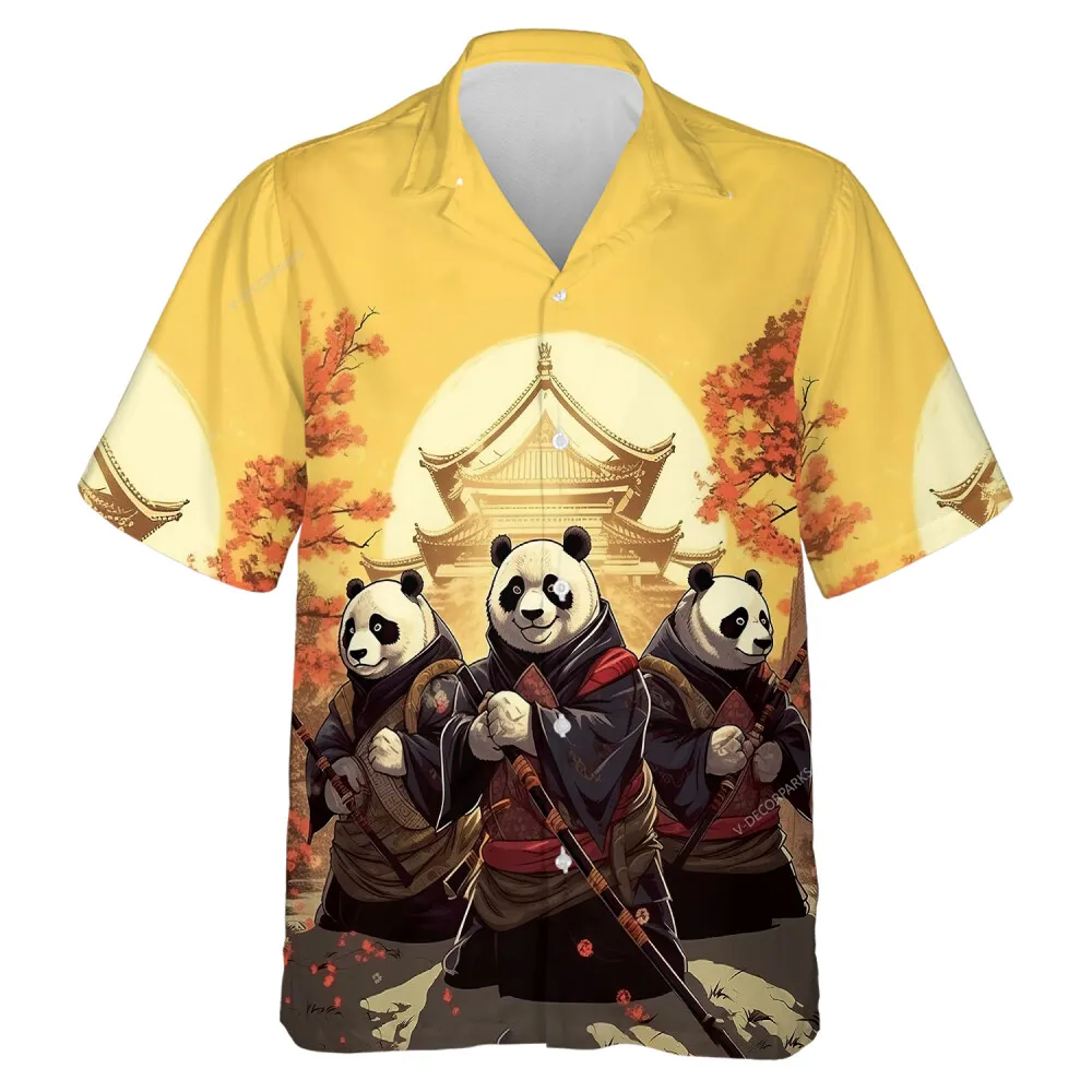 Martial Art Pandas Mens Hawaiian Shirt, Chinese Panda Lover Casual Shirt, Sunset Ancient Castle Printed Aloha Button-down Short Sleeves