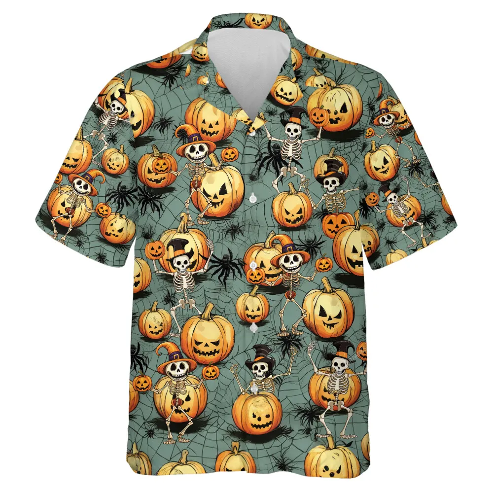 Funny Dancing Skeleton Unisex Hawaiian Shirt, Wicked Pumpkin Smiling Among Spider Web Aloha Beach Button-down Shirts, Halloween Clothing