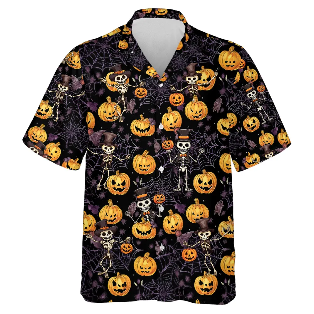 Funny Magician Skeleton Hawaiian Shirt For Men And Women, Wicked Pumpkin In Spider Web Aloha Beach Button-down Shirts, Halloween Vibe