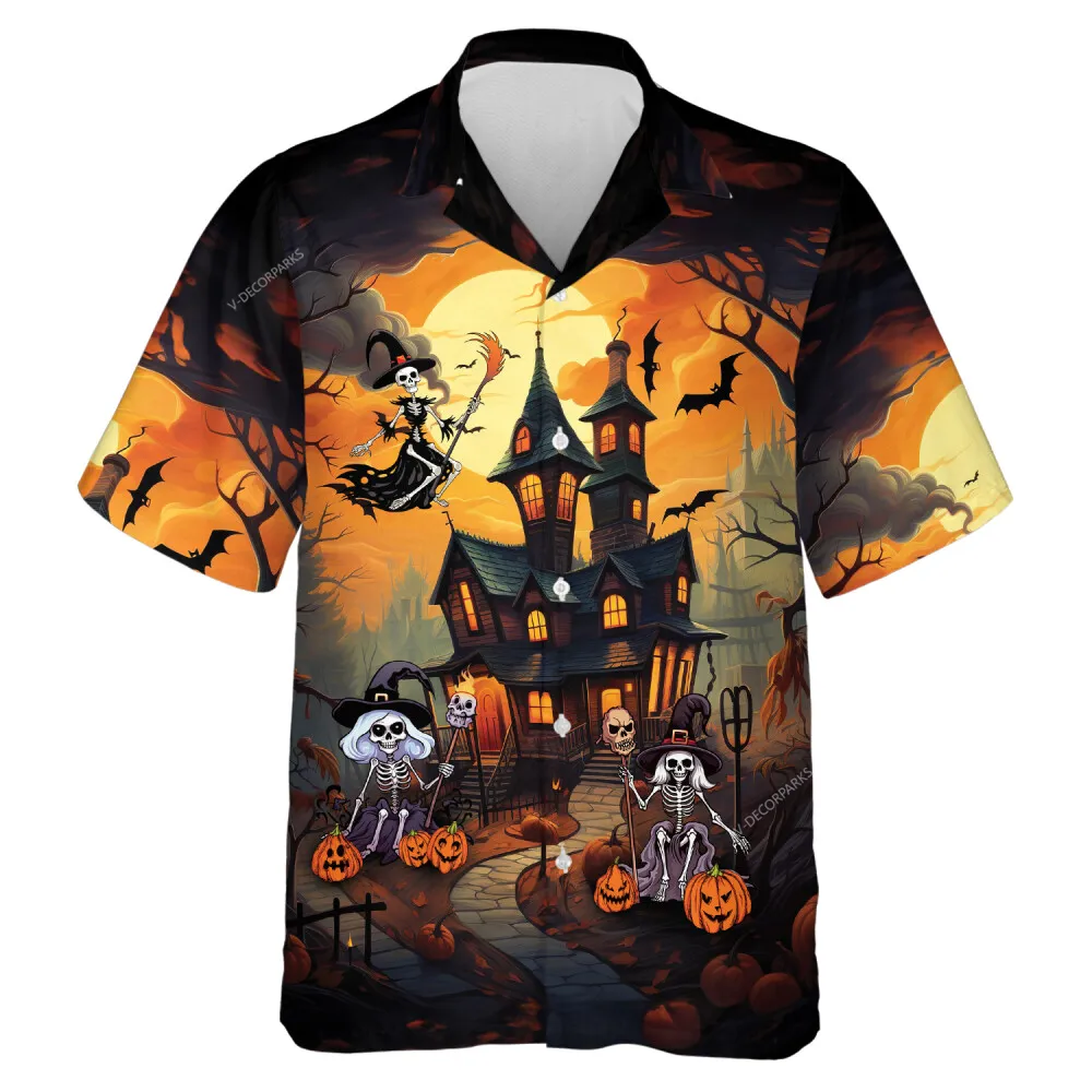 Skeleton Witch With Candled Pumpkin Unisex Hawaiian Shirt, Spooky Castle Halloween Aloha Beach Button-down Shirt, Flying Sorcerer Printed Clothing