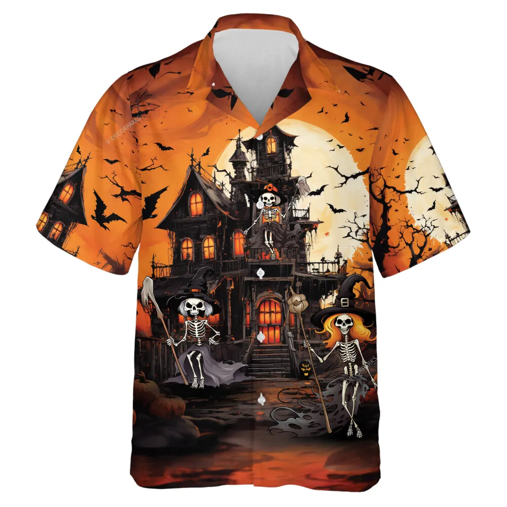 Witch Corpse Halloween Hawaiian Shirt, Creepy House Halloween Aloha Beach Button-down Shirts, Scary Dark Forest With Bats Patterned Top