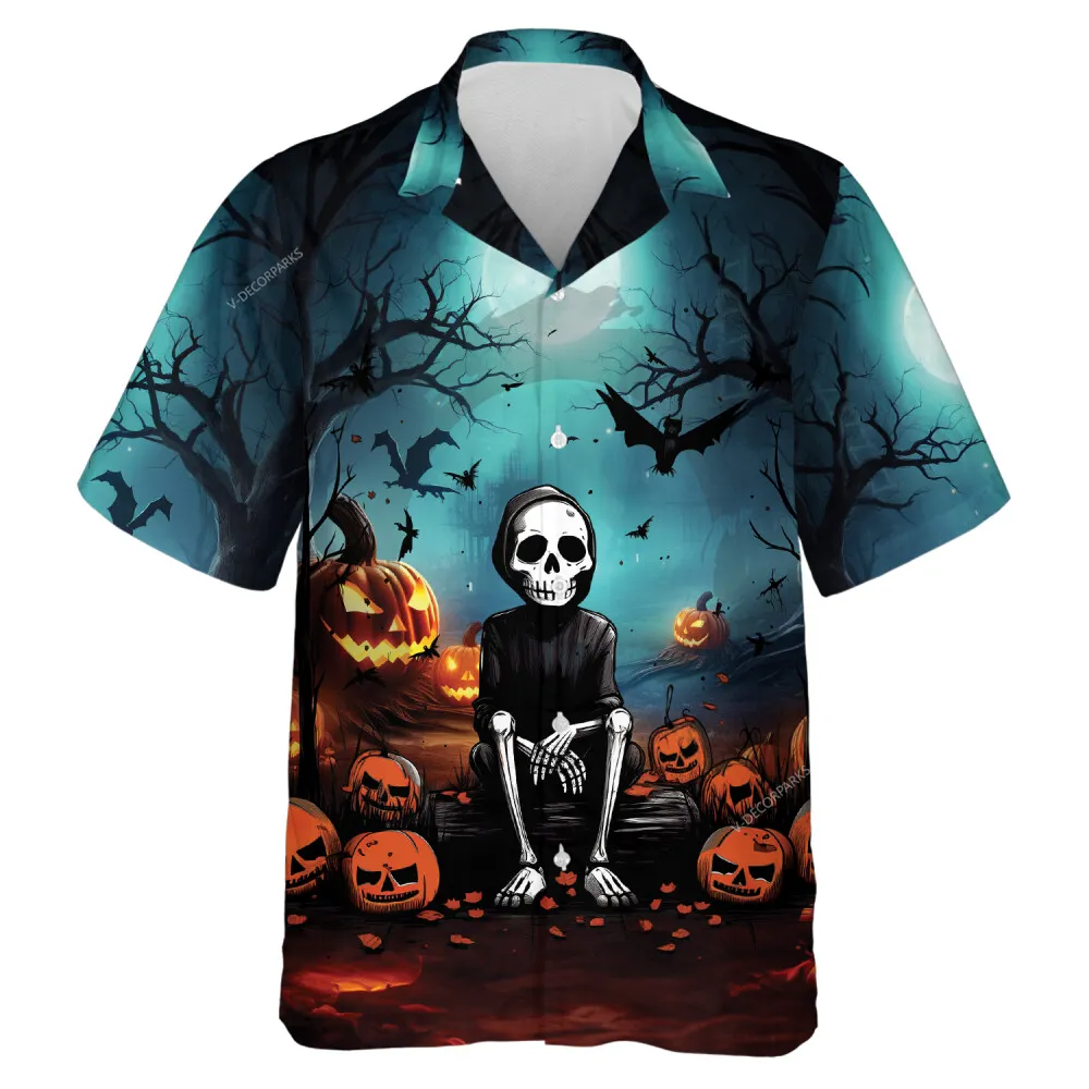Lonely Skeleton Men Hawaiian Shirt, Ghost Halloween Night Aloha Shirts, Spooky Pumpkin Forest Printed Button-down Shirt, Family Party Clothing
