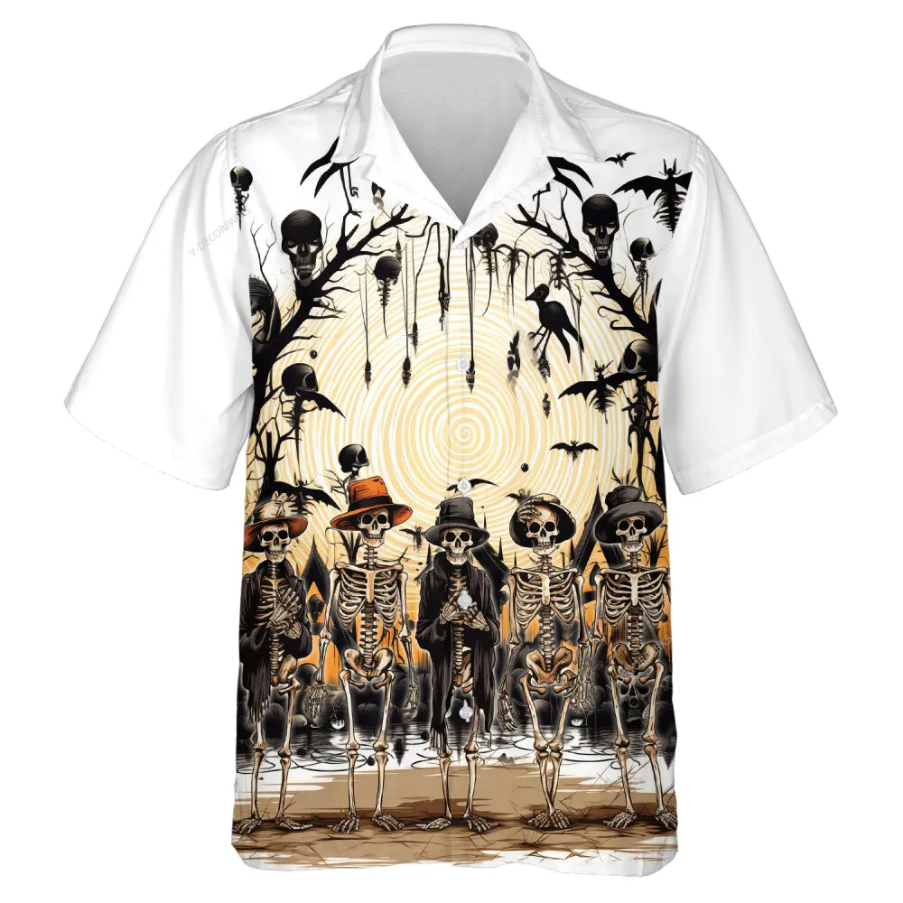 Magicians Skeleton Unisex Hawaii Shirt, Halloween Skull Forest Aloha Shirt, Spooky Bone Inspired Design, Mens Casual Top, Family Wear