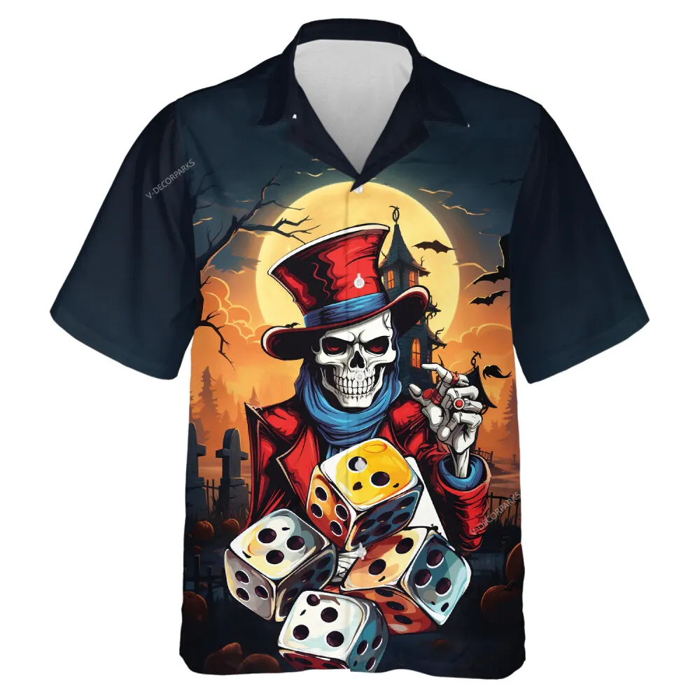 Gamblers Skeleton Halloween Mens Hawaiian Shirt, Ghost Rolling Dices Aloha Beach Shirts, Spooky Cross Tomb Printed Top, Creepy Clothing