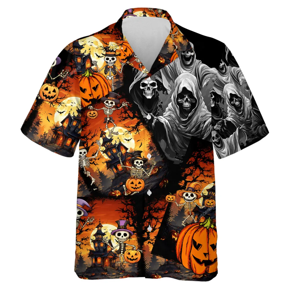 Good Vs. Bad Spirit Unisex Hawaiian Shirt, Halloween Skeleton Aloha Shirts, Creepy Pumpkin Faces Beach Button-down Printed Top