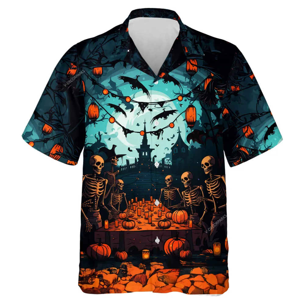 Skeleton Dinner Gathering Hawaiian Shirt, Scary Forest Halloween Night Aloha Beach Button Down Shirts, Romantic Meal For Family Printed Clothing