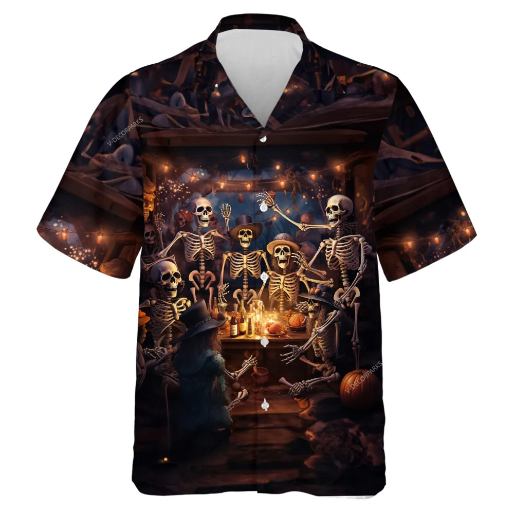 Skeleton Night Meal Men Hawaiian Shirt, Scary Halloween Hell Aloha Clothing, Spooky Candled Pumpkin Patterned Shirts, Family Party Printed Wear