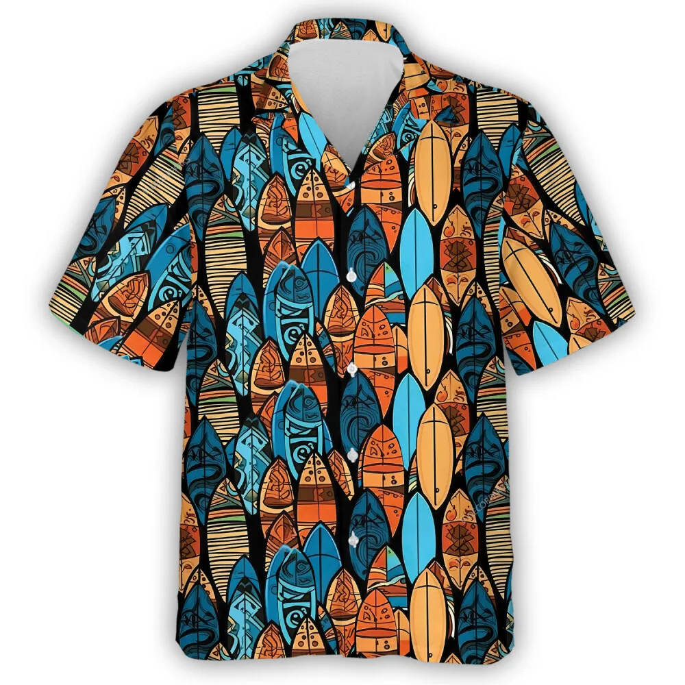 Vibrant Surfboards Pattern Unisex Hawaiian Shirt, Tropical Tiki Summer Aloha Button-down Shirt, Surfing Wave Lover Gift, Casual Mens Wear