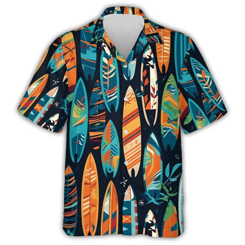 Colorful Surfing Boards Mens Hawaiian Shirt, Beach Sport Aloha Button Down Shirts, Surfboards Shop Printed Clothing, Casual Clothing For Everyone