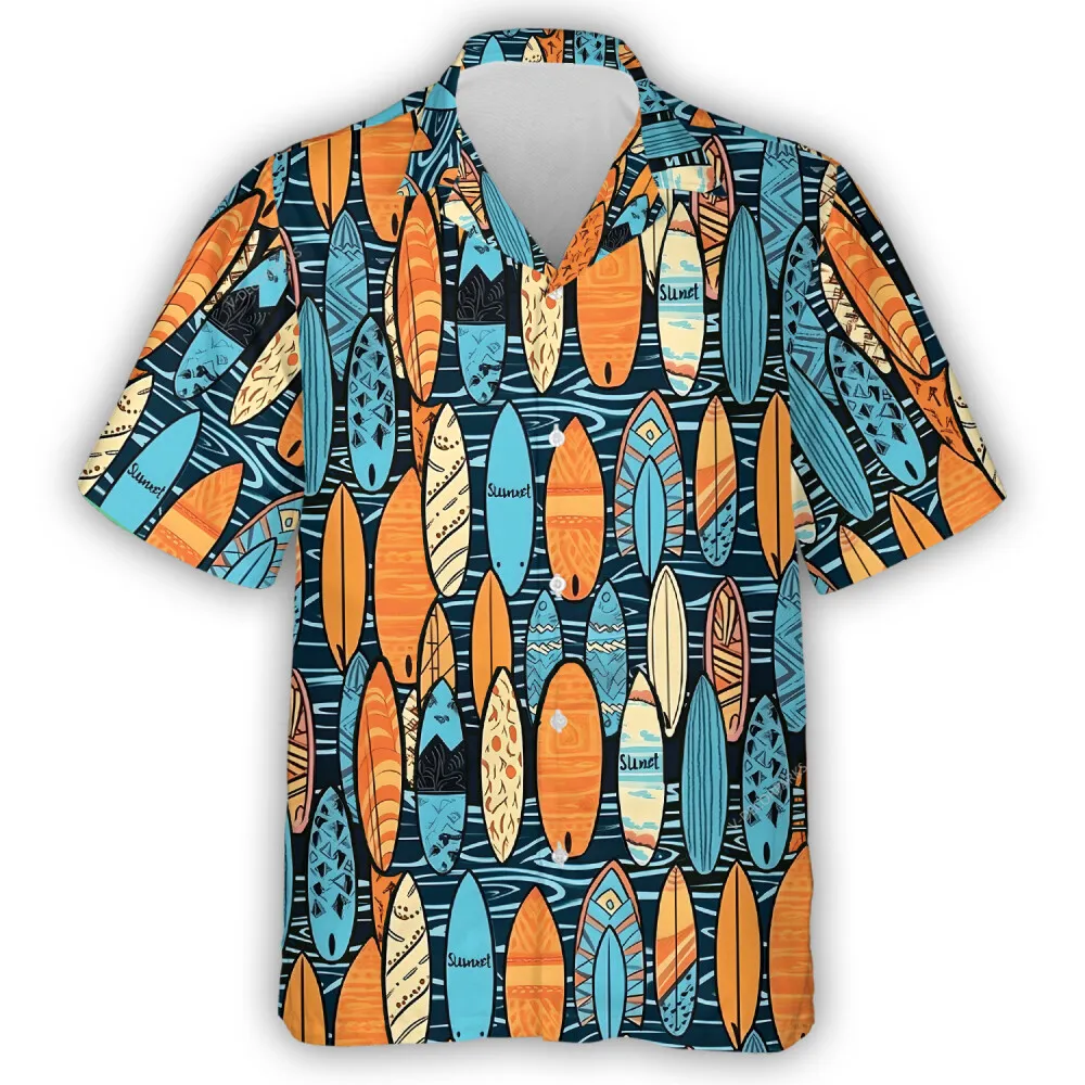 Blue And Orange Surfboard Beach Men Hawaiian Shirt, Summer Aloha Beach Button Down Shirts, Summer Party Printed Clothing, Sea Sport Vibe Top