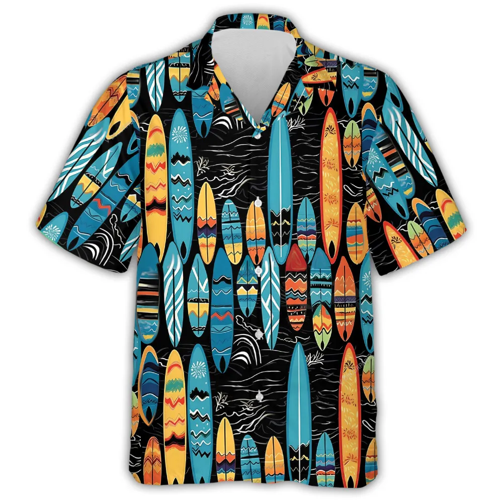 Colorful Surfboard For Summer Unisex Hawaiian Shirt, Tropical Patterned Aloha Button Down Shirts, Beach Travelling Family Clothing