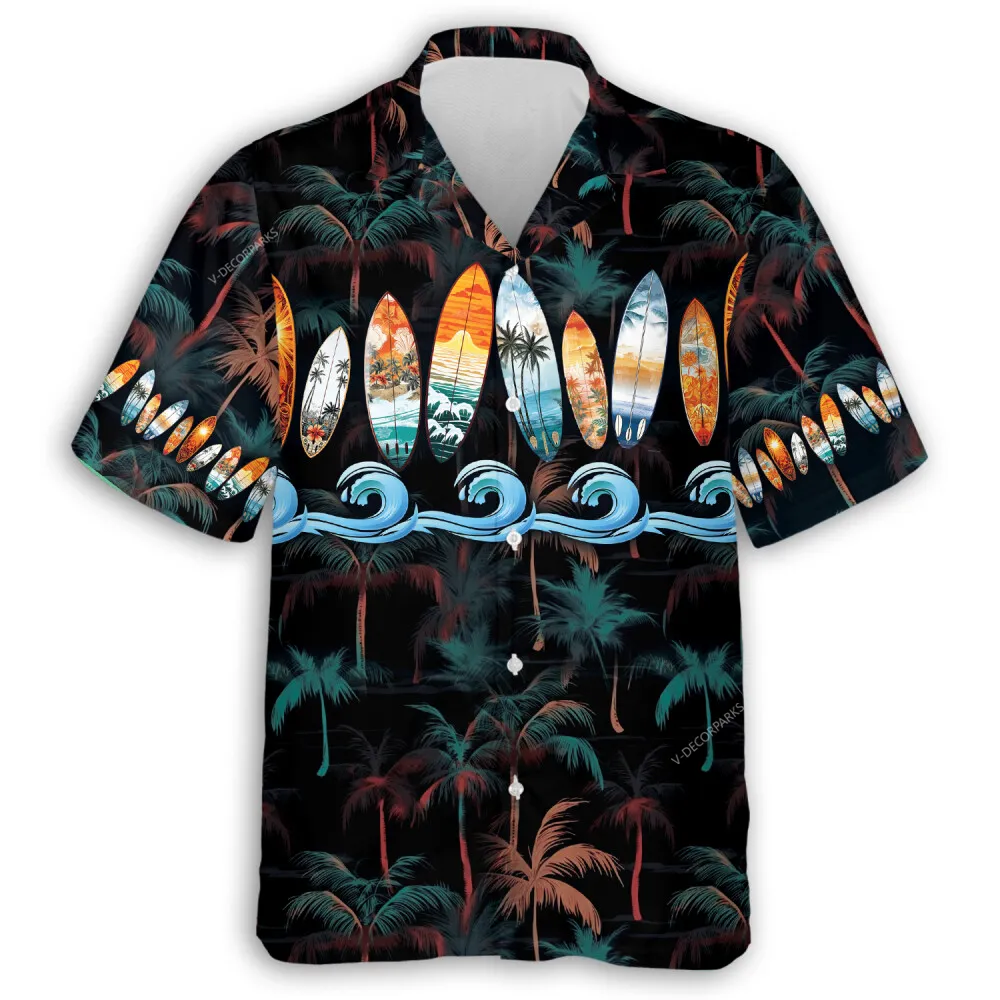 Surfing Board Printed On Chest Mens Hawaiian Shirt, Tropical Palm Trees Aloha Button-down Shirt, Beach Unisex Clothing, Party Hawaii Top