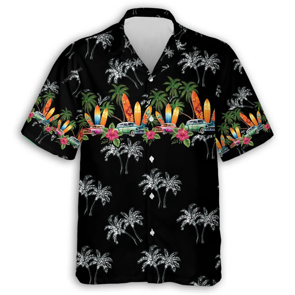 Car Carry Surfboards Unisex Hawaii Shirt, Tropical Beach Summer Party Aloha Shirts, Sea Waves Lover Button Down Top, Printed Clothing