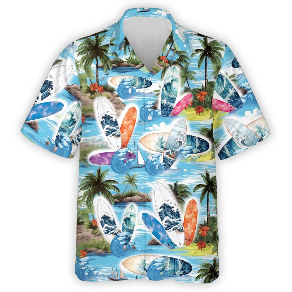 Surfboards And The Sea Hawaiian Shirt For Everyone, Vibrant Tropical Island Aloha Shirt, Vintage Beach Printed Top, Family Trip Clothing