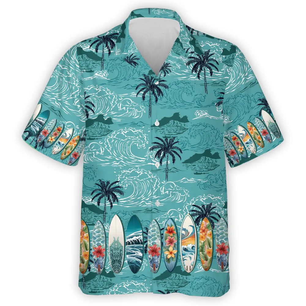 Aesthetic Surfboards Collection Hawaiian Shirt, Surfing Summer Holiday Aloha Beach Shirts, Casual V-neck Button-down Top, Sea Lover Gift