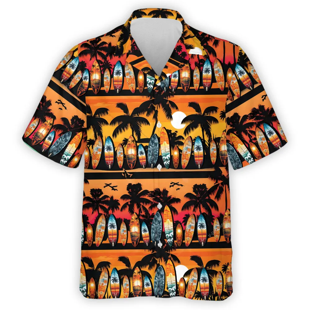 Sunny Beach With Surfboards Men Hawaiian Shirt, Dreamy Tropical Sunset Aloha Beach Button-down Shirt, Ocean Lover Printed Clothing